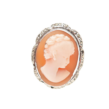 925 Sterling Silver Antique Art Deco Real MOP & Marcasite Lady Cameo Ring Size 9