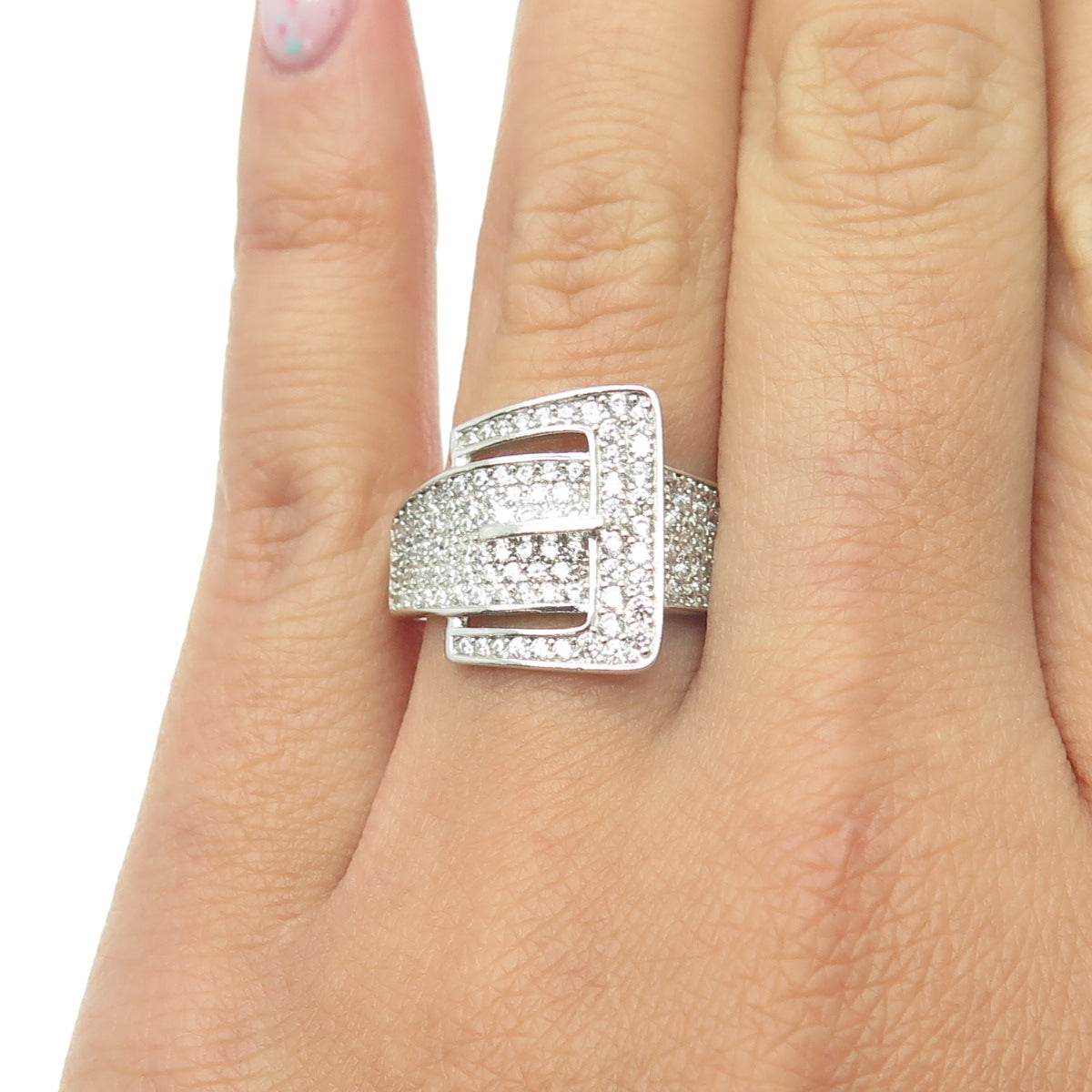 925 Sterling Silver Pave C Z Belt Buckle Ring Size 7.25