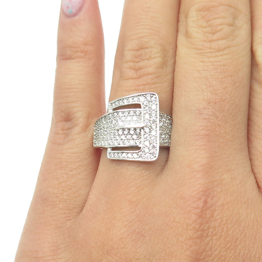 925 Sterling Silver Pave C Z Belt Buckle Ring Size 7.25