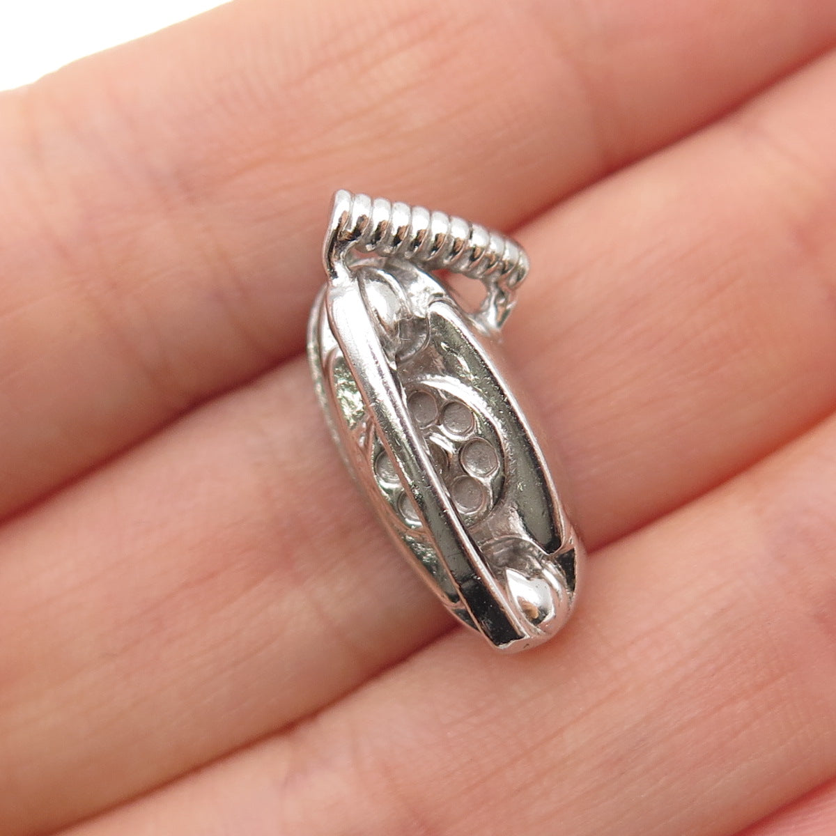 WELLS 925 Sterling Silver Vintage Retro Rotary Phone Mini 3D Charm Pendant
