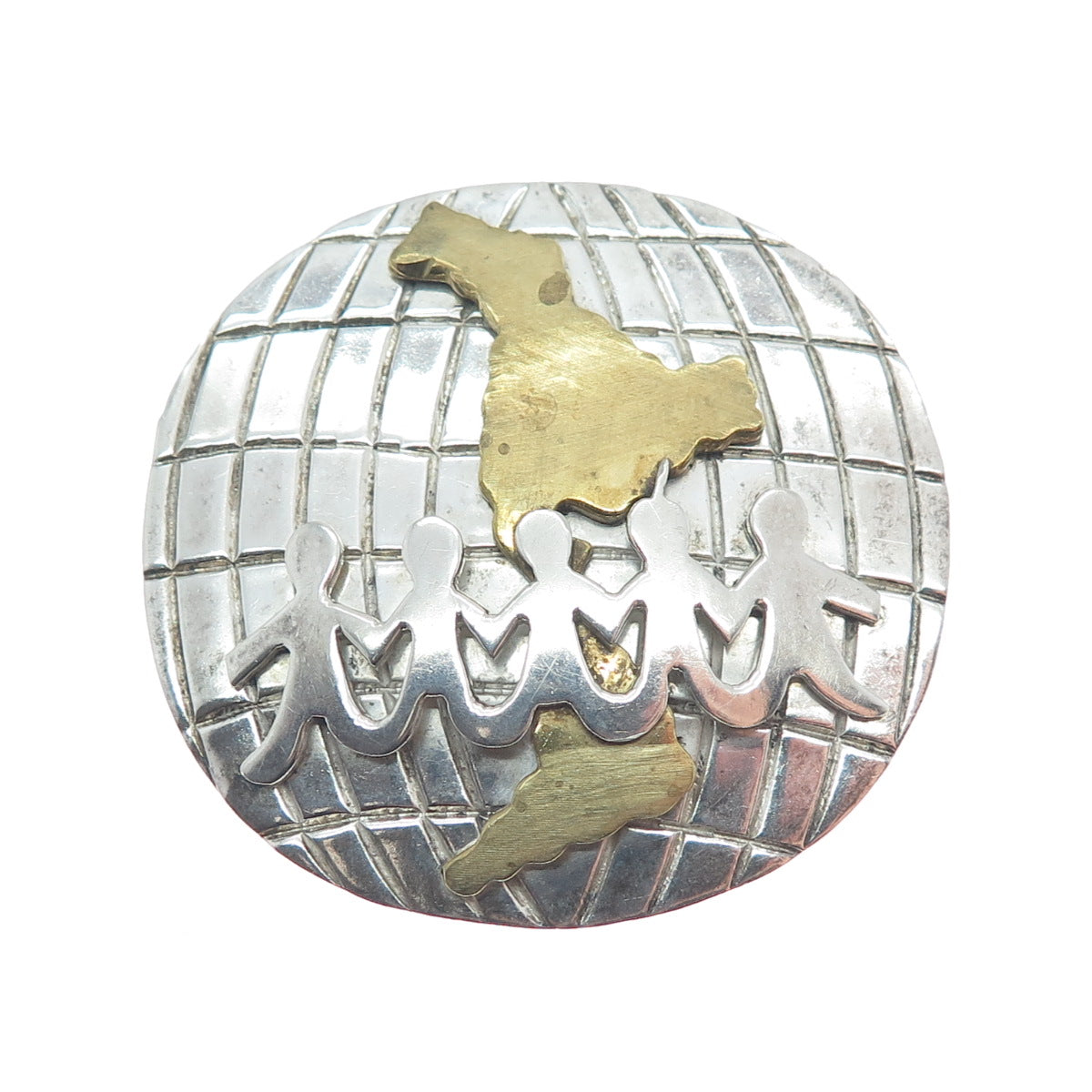 925 Sterling Silver 2-Tone Vintage Mexico Kids Holding Hands Globe Pin Brooch
