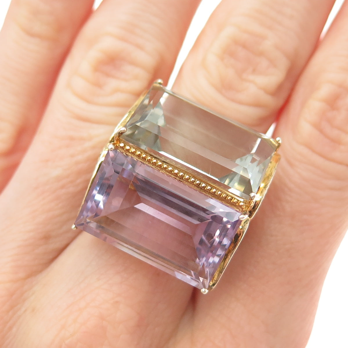 925 Sterling Gold Plated Real Emerald-Cut Green & Purple Amethyst Ring Size 7.25