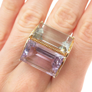 925 Sterling Gold Plated Real Emerald-Cut Green & Purple Amethyst Ring Size 7.25