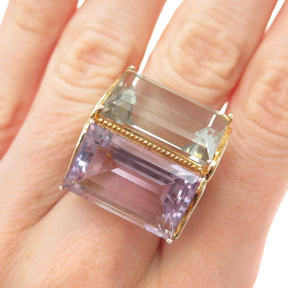 925 Sterling Gold Plated Real Emerald-Cut Green & Purple Amethyst Ring Size 7.25
