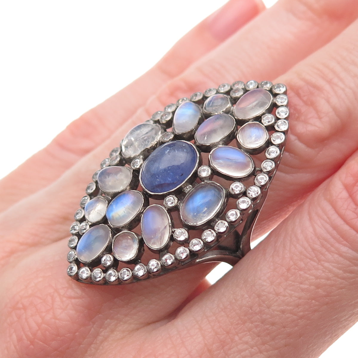 DSMK Sterling Silver Black Rhodium Real Tanzanite Moonstone & Topaz Ring Size 7
