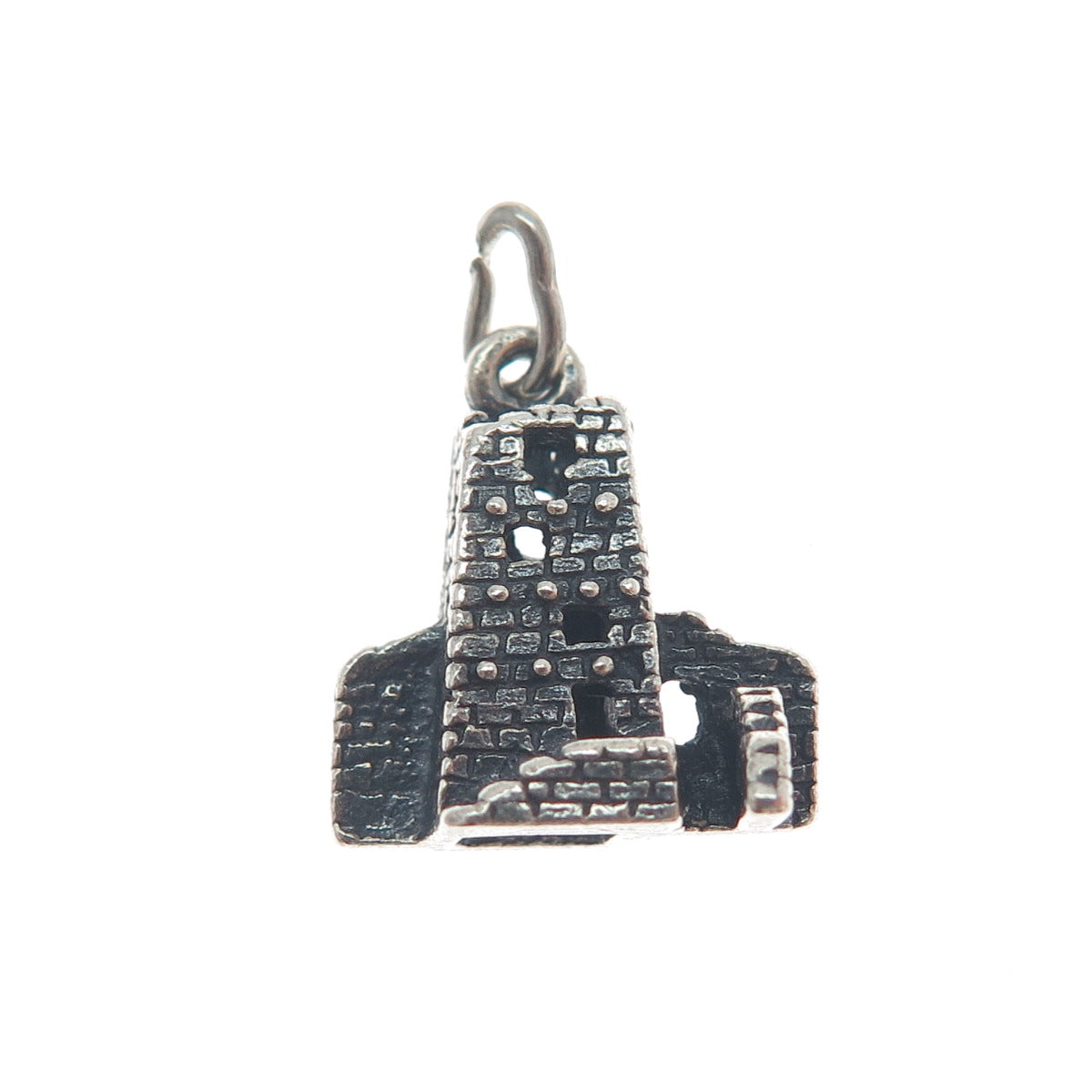 925 Sterling Silver Vintage Mesa Verde Square Tower Oxidized Mini 3D Pendant