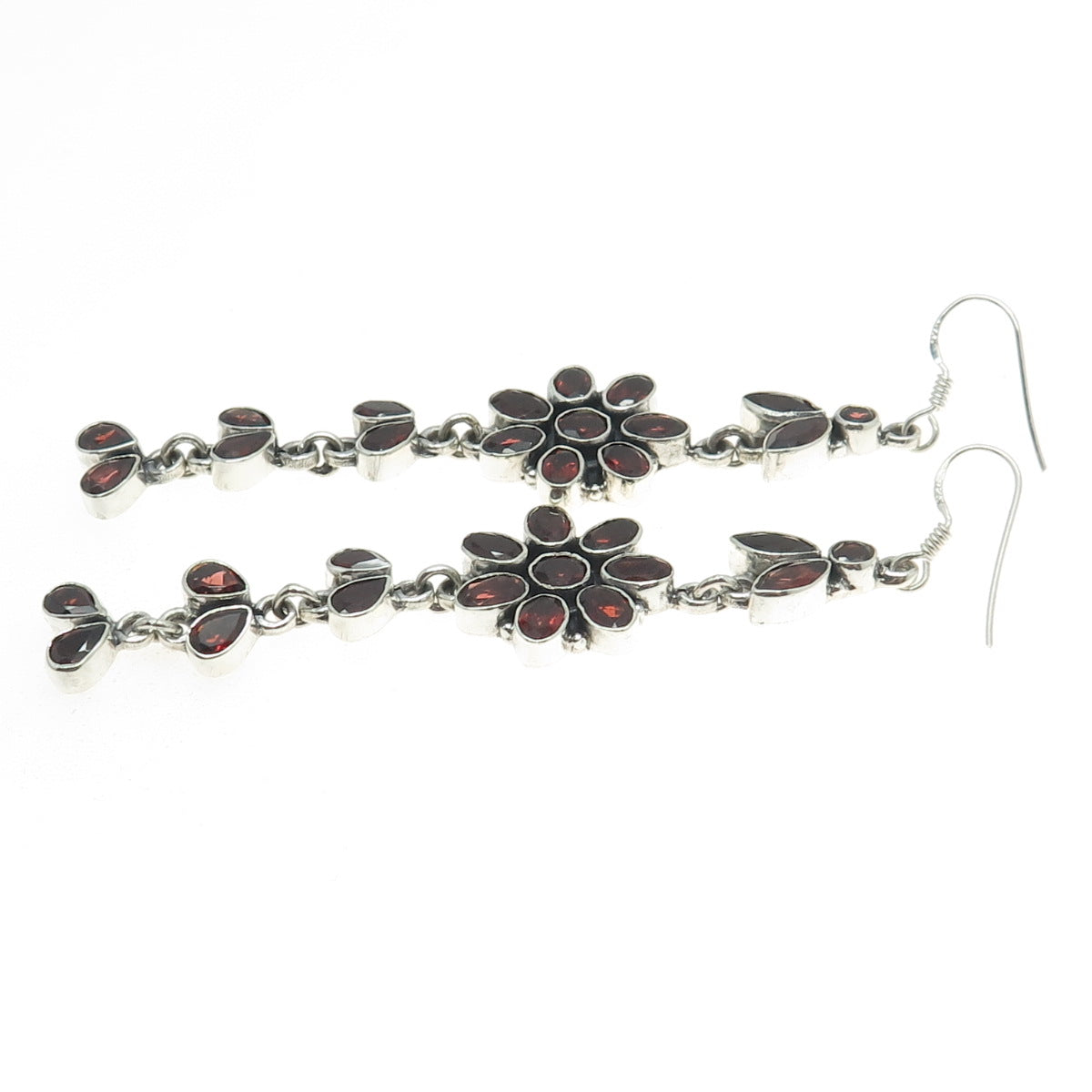 925 Sterling Silver Vintage Real Multi-Cut Red Garnet Floral Dangling Earrings