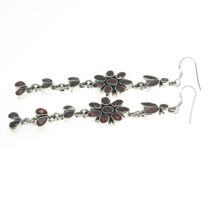 925 Sterling Silver Vintage Real Multi-Cut Red Garnet Floral Dangling Earrings