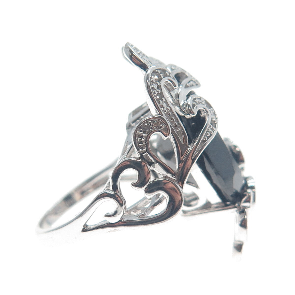 CHUCK CLEMENCY 925 Sterling Silver Real Black Spinel White Topaz Ring Size 7.25