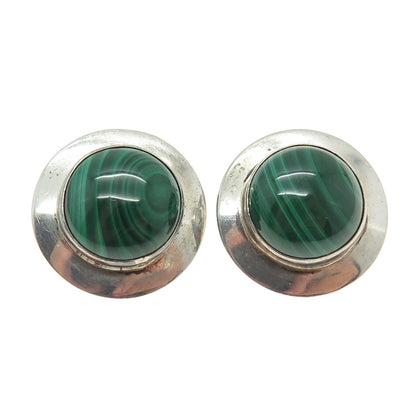 925 Sterling Silver Vintage Real Malachite Gemstone Clip On Earrings