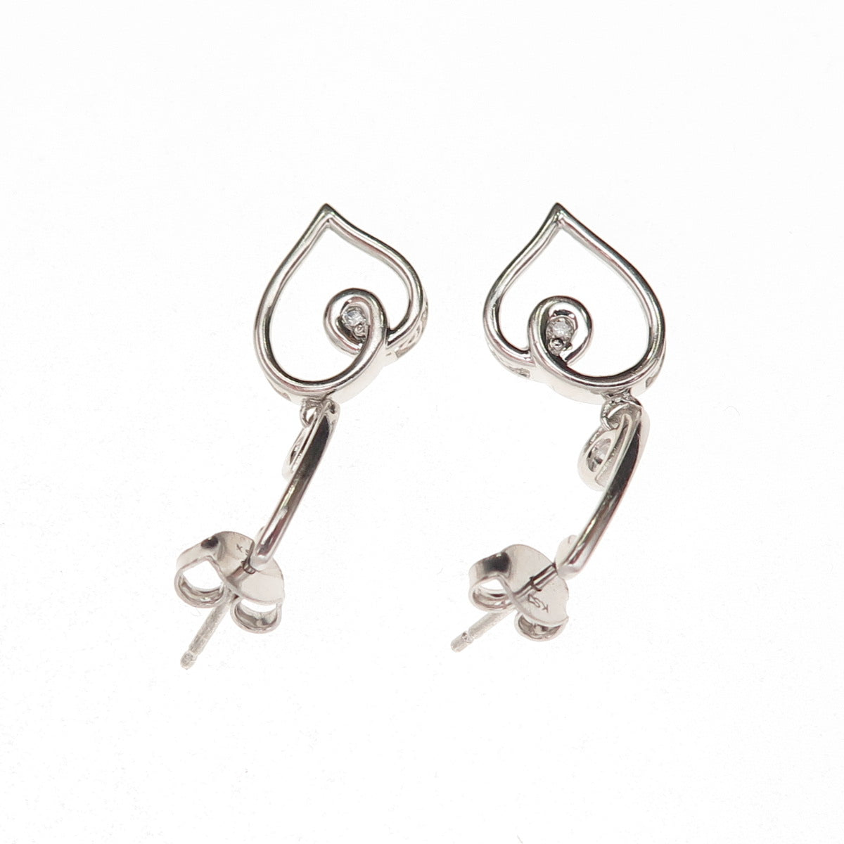 925 Sterling Silver Real Round-Cut Diamond Heart Dangle Earrings