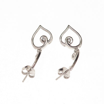 925 Sterling Silver Real Round-Cut Diamond Heart Dangle Earrings