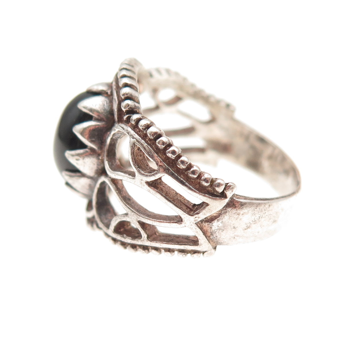 925 Sterling Silver Vintage Real Black Onyx Heart Oxidized Ring Size 6