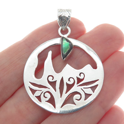 925 Sterling Silver Vintage Real Abalone Shell Lace / Ornate Round Pendant