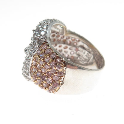 925 Sterling Silver 2-Tone Round-Cut Pink & White C Z Belt Buckle Ring Size 7