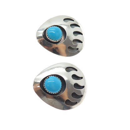 Old Pawn 925 Sterling Silver Vintage Turquoise Bear Paw Tribal Clip On Earrings