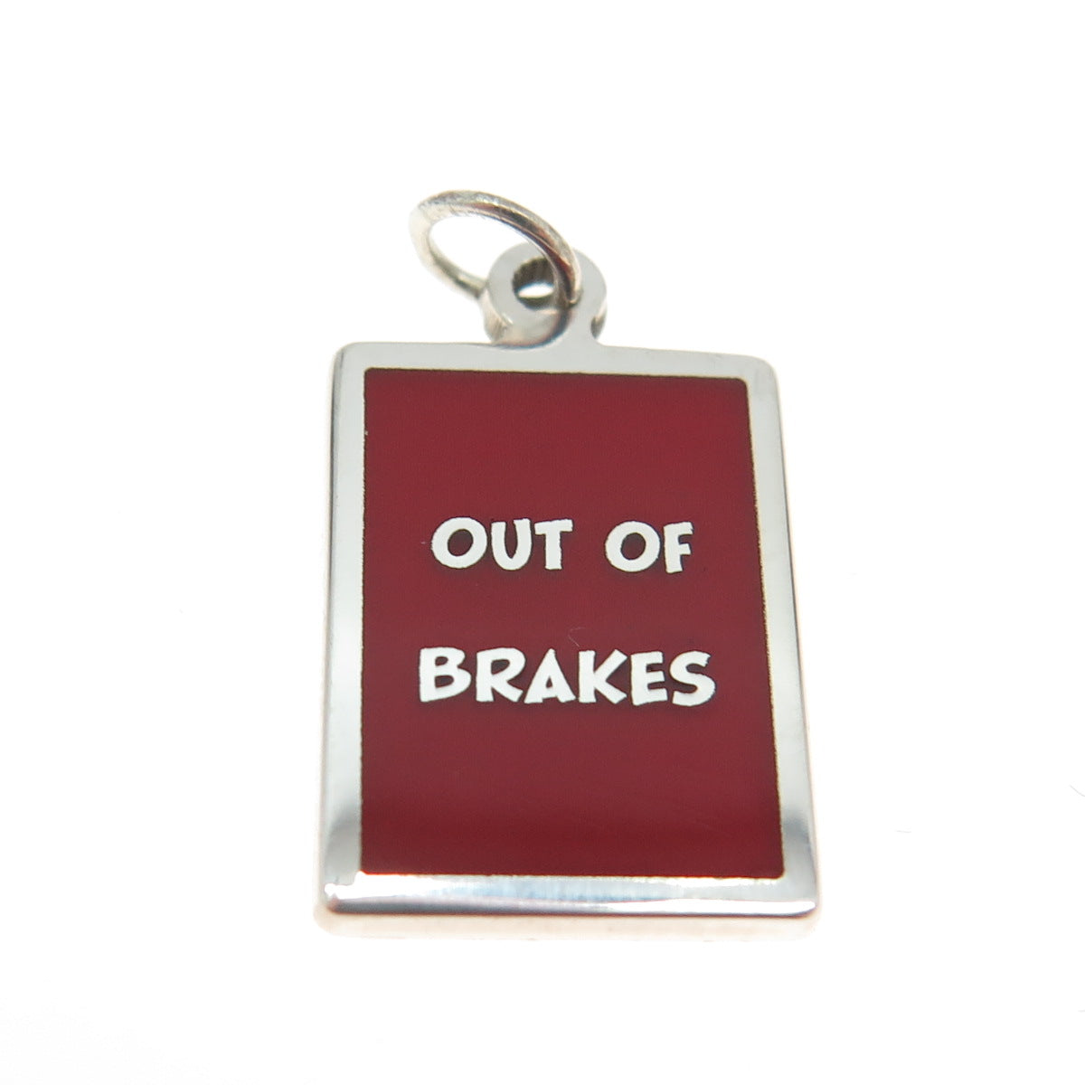 925 Sterling Silver Red Enamel "Out Of Brakes" Minimalist Charm Pendant