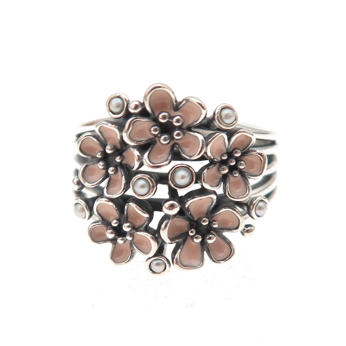 Pandora Sterling Silver Enamel Real Pearl Cherry Blossom Bouquet Ring Size 8.5