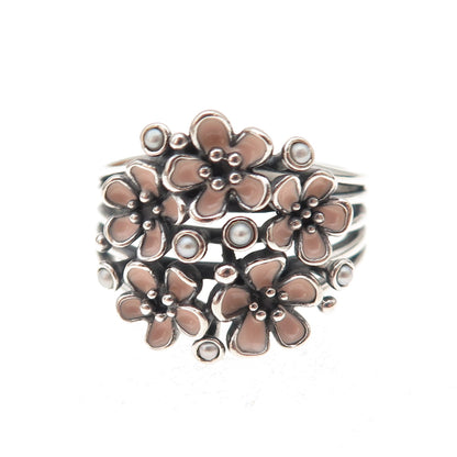 Pandora Sterling Silver Enamel Real Pearl Cherry Blossom Bouquet Ring Size 8.5