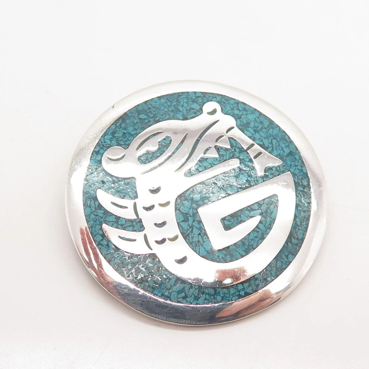 925 Sterling Silver Vintage Mexico Turquoise Gem Inlay Tribal Brooch / Pendant
