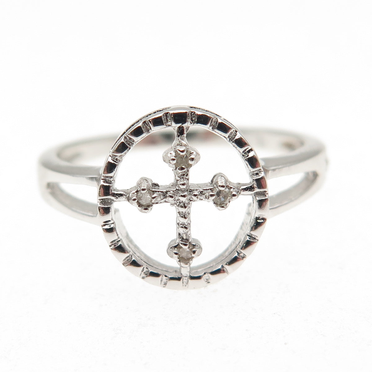 925 Sterling Silver Real Round-Cut Diamond Cross Ring Size 7
