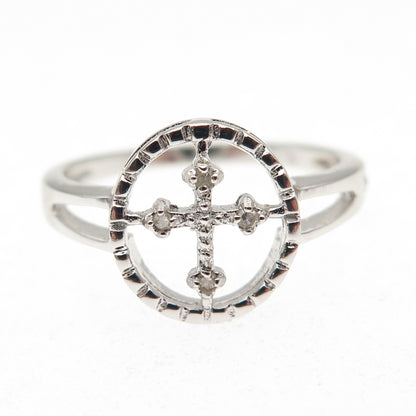 925 Sterling Silver Real Round-Cut Diamond Cross Ring Size 7
