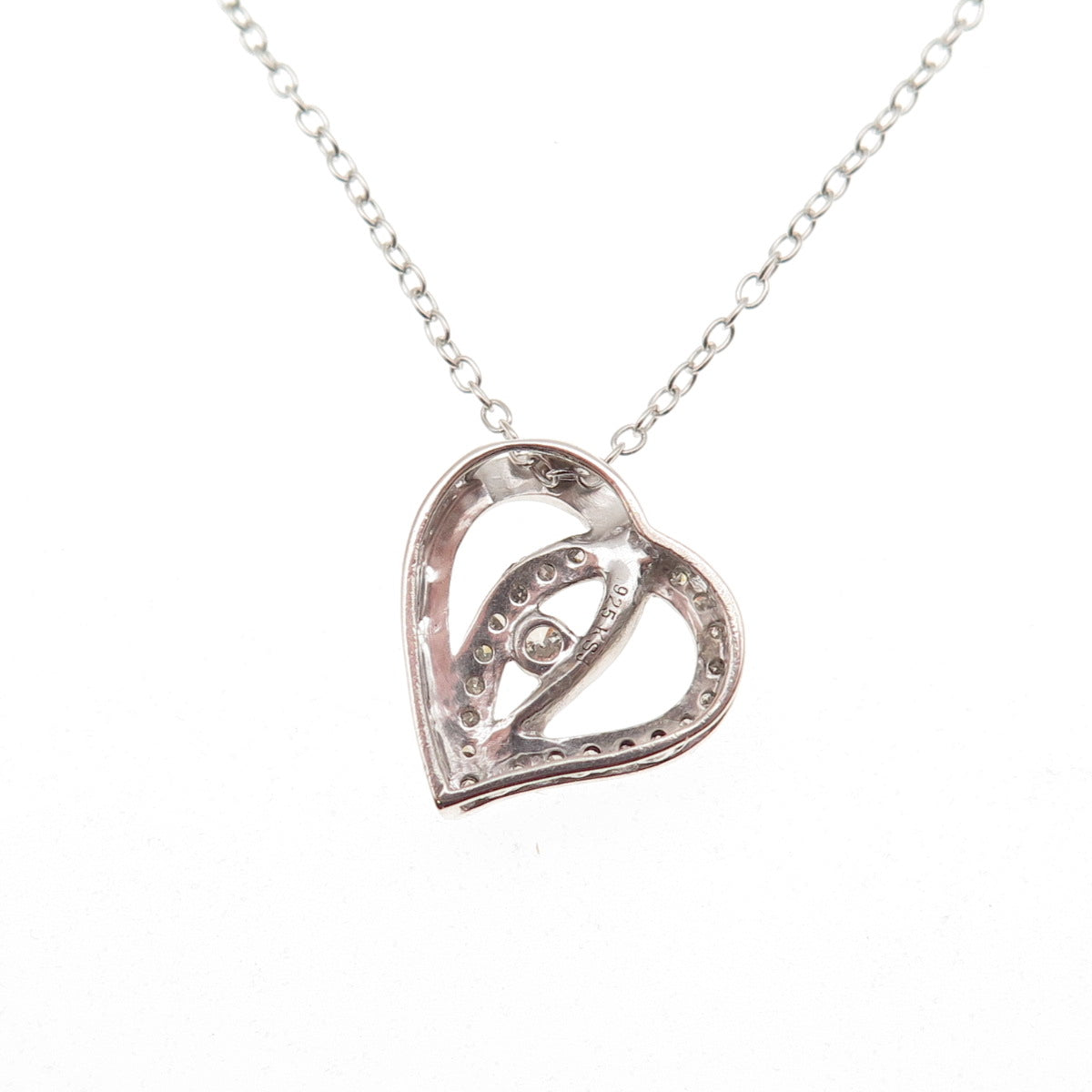 925 Sterling Silver Real Round-Cut Diamond Heart Cable Chain Necklace 18"