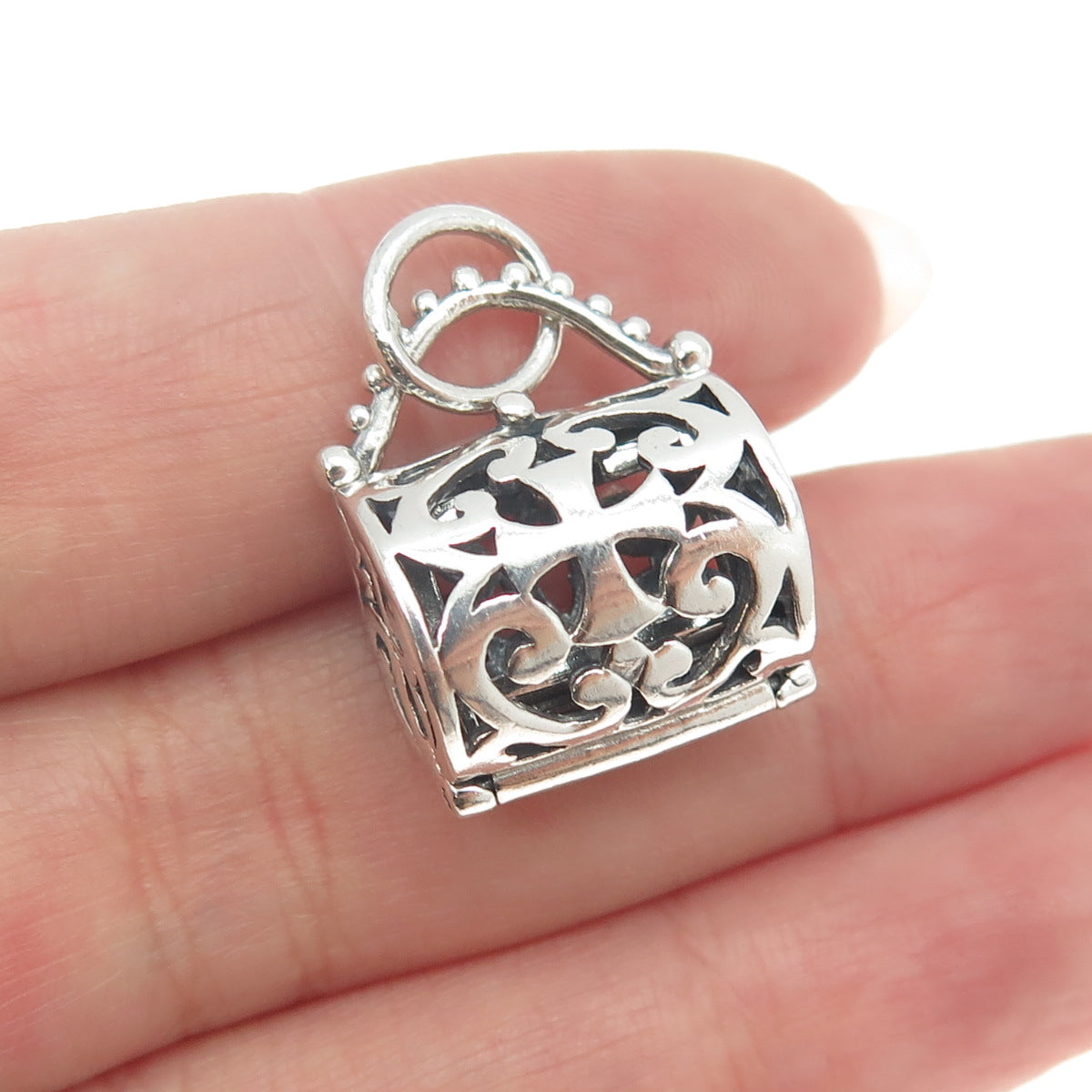 925 Sterling Silver Vintage Lady's Bag Ornate Locket Pendant