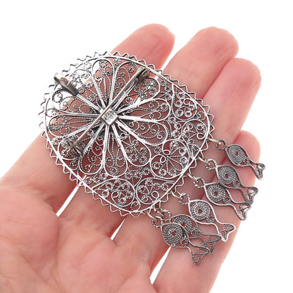 800 Silver Vintage Israel Real Eilat Filigree Oxidized Pin Brooch / Pendant