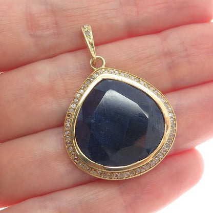 925 Sterling Silver Gold Plated SMK Real Diamond & Sapphire Gem Teardrop Pendant