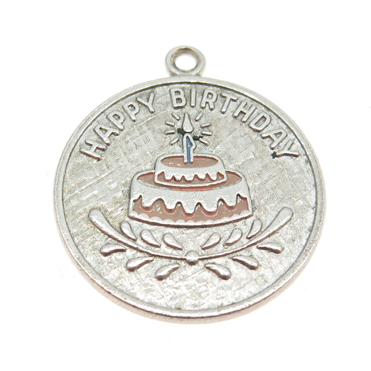 WELLS 925 Sterling Silver Vintage Enamel Engraved Happy Birthday Cake Pendant