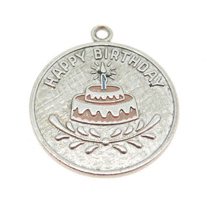 WELLS 925 Sterling Silver Vintage Enamel Engraved Happy Birthday Cake Pendant