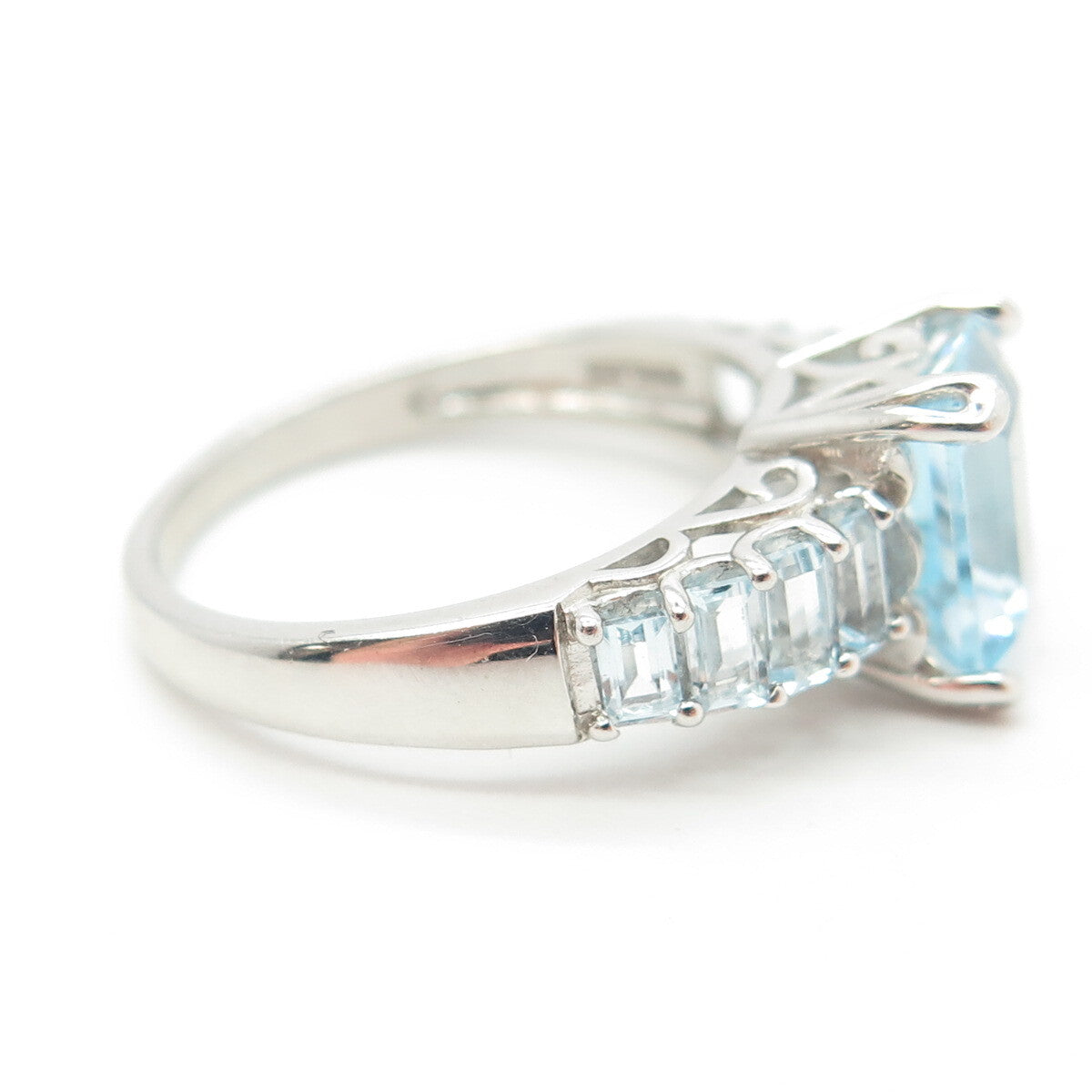 925 Sterling Silver Real Emerald-Cut Blue Topaz Engagement Ring Size 8