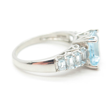 925 Sterling Silver Real Emerald-Cut Blue Topaz Engagement Ring Size 8