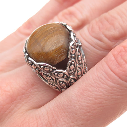 925 Sterling Silver Vintage Real Tiger Eye Modernist Oxidized Ring Size 5.75