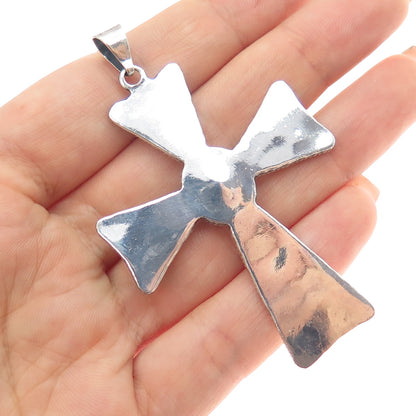 925 Sterling Silver Vintage Real Oval-Cut Blue Topaz Cross Oxidized Pendant