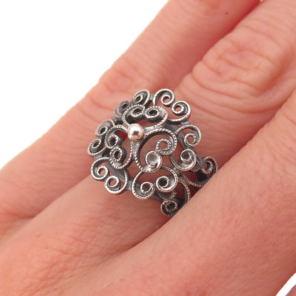 925 Sterling Silver Antique Art Deco Floral Filigree Adjustable Ring Size 5.75