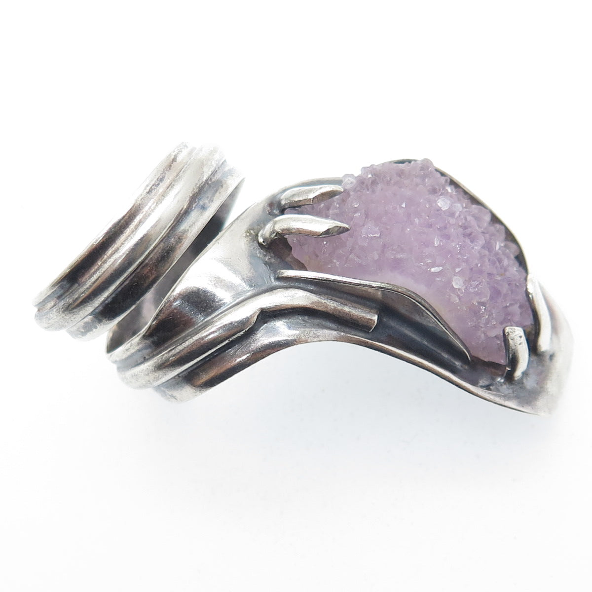 925 Sterling Silver Vintage Amethyst Modernist Cobra Adjustable Ring Size 8.5