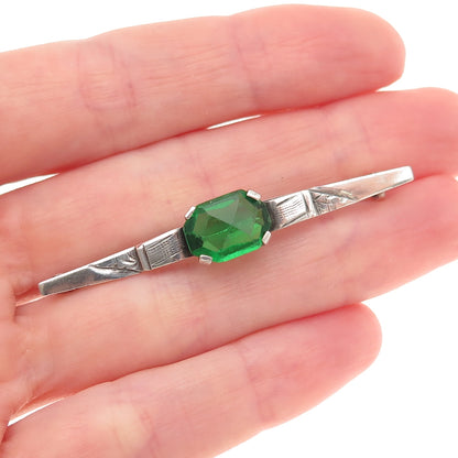 800 Silver Antique Art Deco Green Rhinestone Bar Oxidized Pin Brooch