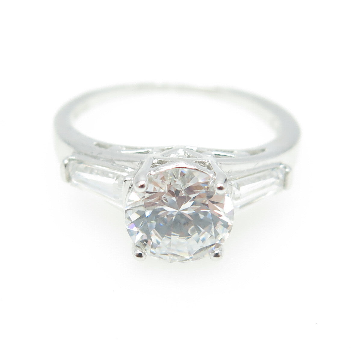 925 Sterling Silver Round & Tapered Baguette-Cut C Z Engagement Ring Size 8