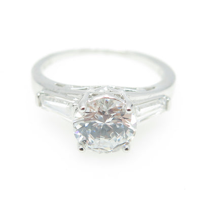 925 Sterling Silver Round & Tapered Baguette-Cut C Z Engagement Ring Size 8
