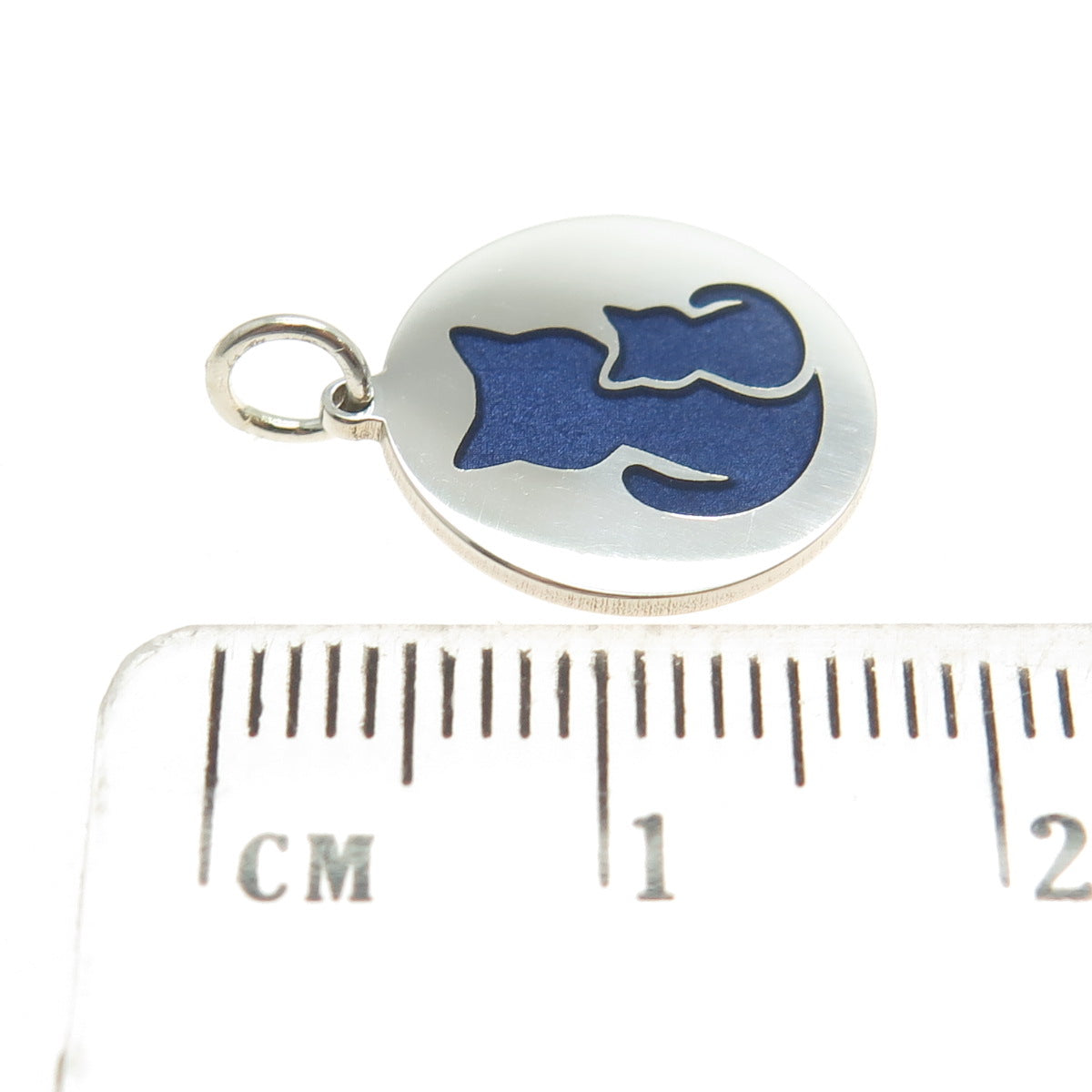 925 Sterling Silver Blue Enamel Mom & Child Cat Round Minimalist Charm Pendant