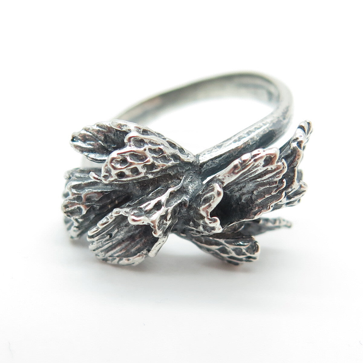 950 Silver Vintage Flower Modernist Oxidized Ring Size 5.75