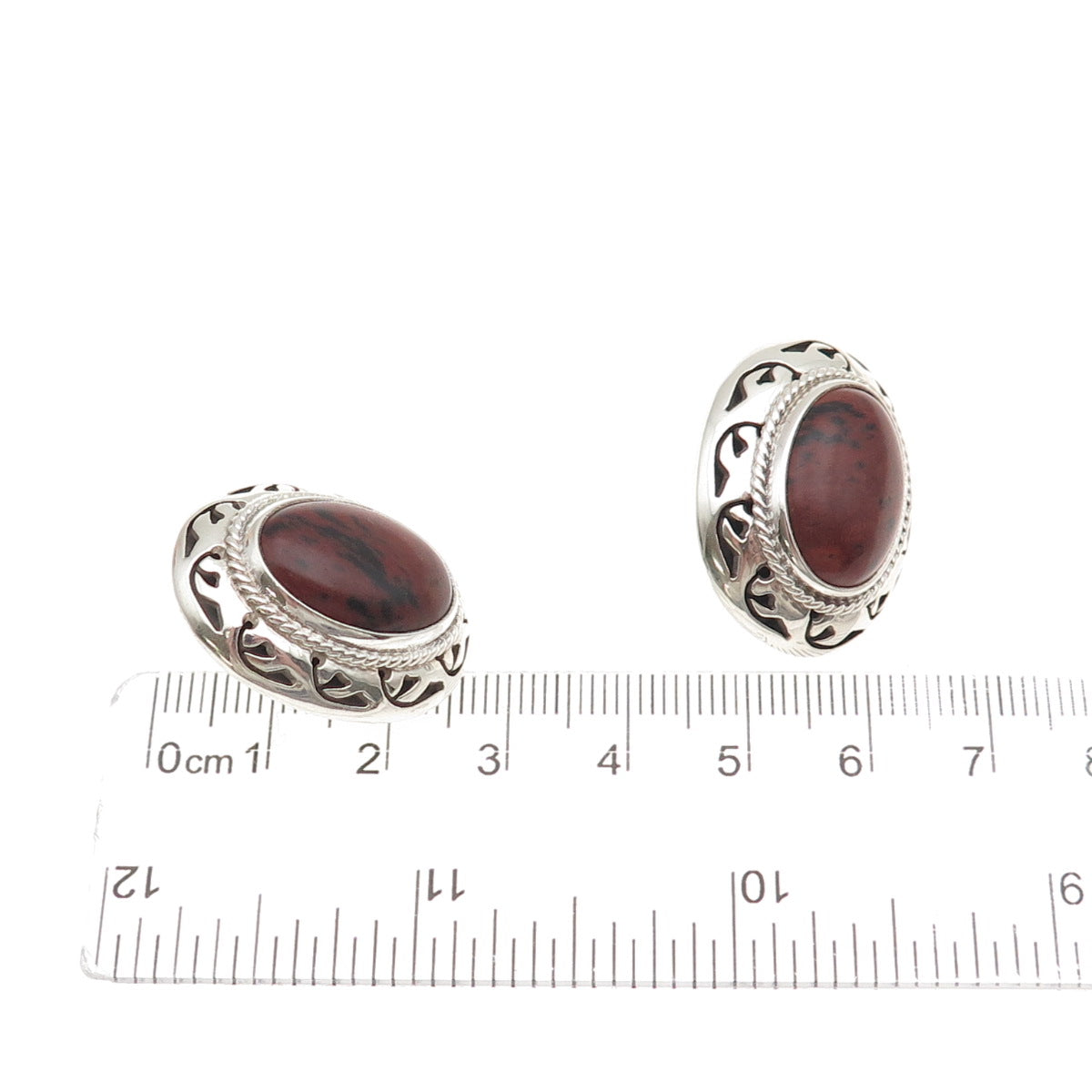 925 Sterling Silver Vintage CII Mexico Real Red Jasper Modernist Floral Earrings