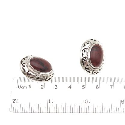 925 Sterling Silver Vintage CII Mexico Real Red Jasper Modernist Floral Earrings