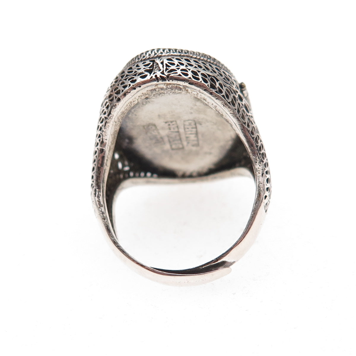 925 Sterling Silver Antique Chinese Lady Filigree Oxidized Poison Ring Size 5.25