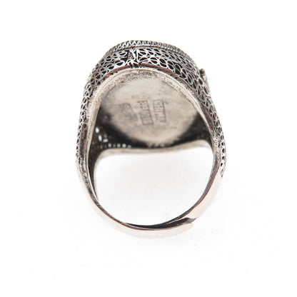 925 Sterling Silver Antique Chinese Lady Filigree Oxidized Poison Ring Size 5.25