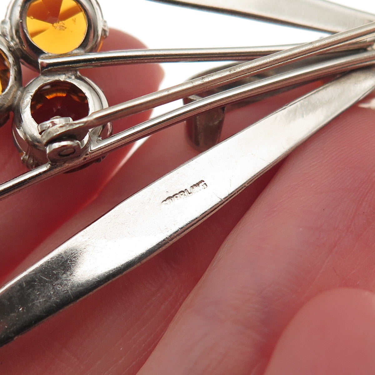 925 Sterling Silver Vintage Rhinestone Modernist Floral Pin Brooch