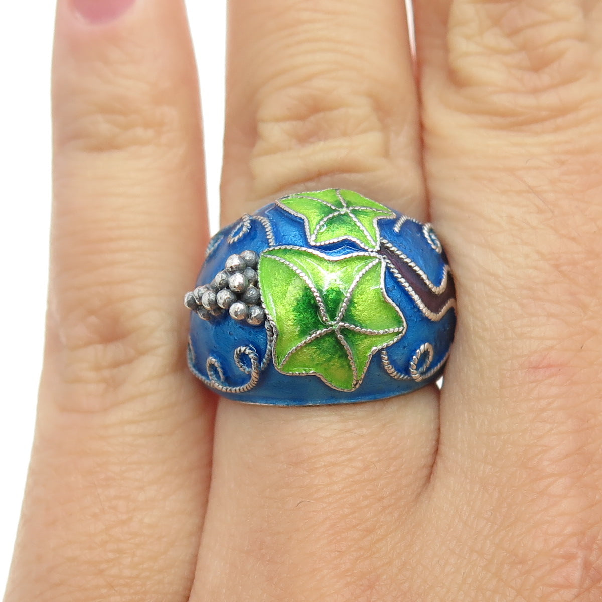 925 Sterling Silver Antique Chinese Enamel Grape Vine Adjustable Ring Size 6