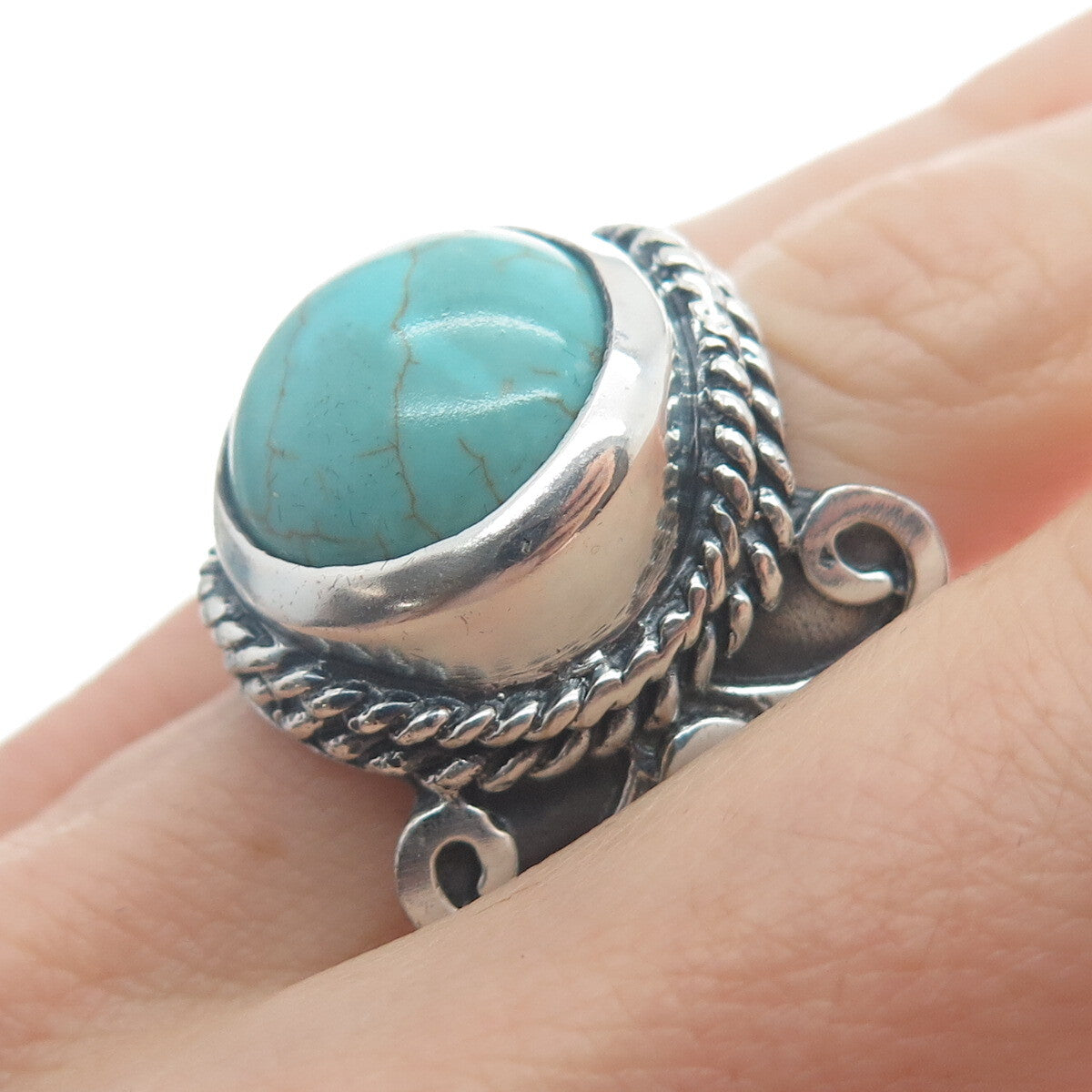 925 Sterling Silver Vintage Real Lone Mountain Turquoise Oxidized Ring Size 9.75